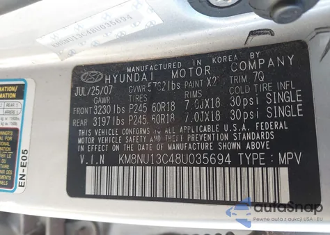 2008 Hyundai Veracruz Gls/Limited/Se z USA, uszkodzony, nr VIN KM8NU13C48U035694